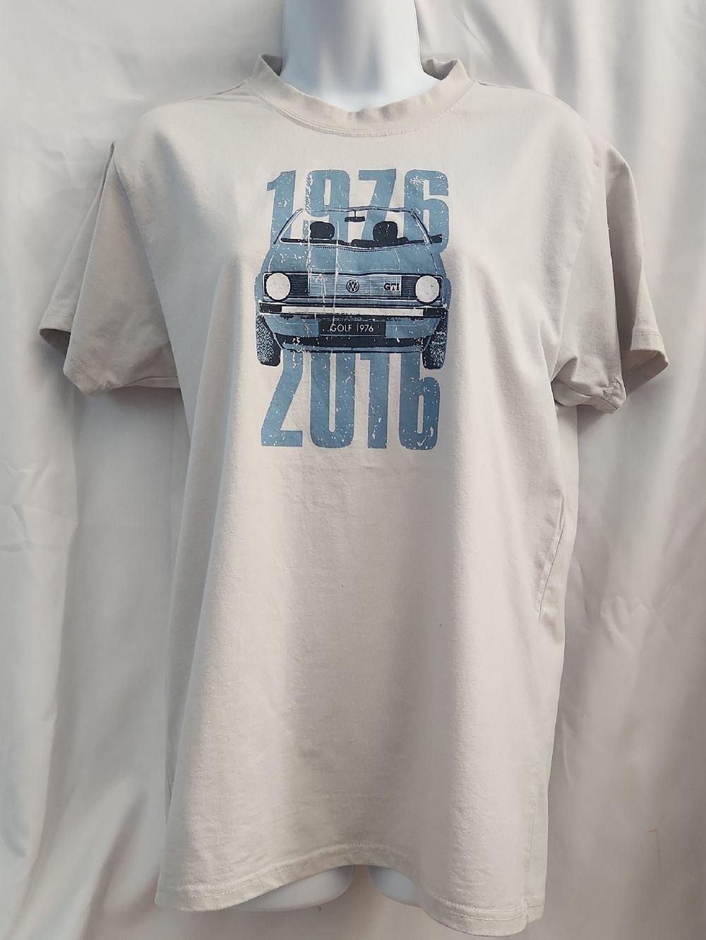 VW Golf 1976 - 2016 Vintage Car Graphic Tee - Beige with Blue Print